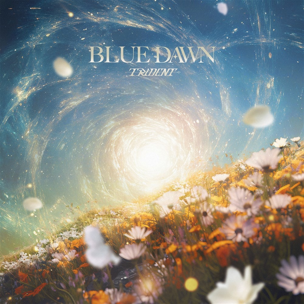 Album cover with swirling vortex and floral elements, featuring the text 'Blue Dawn Trident'.